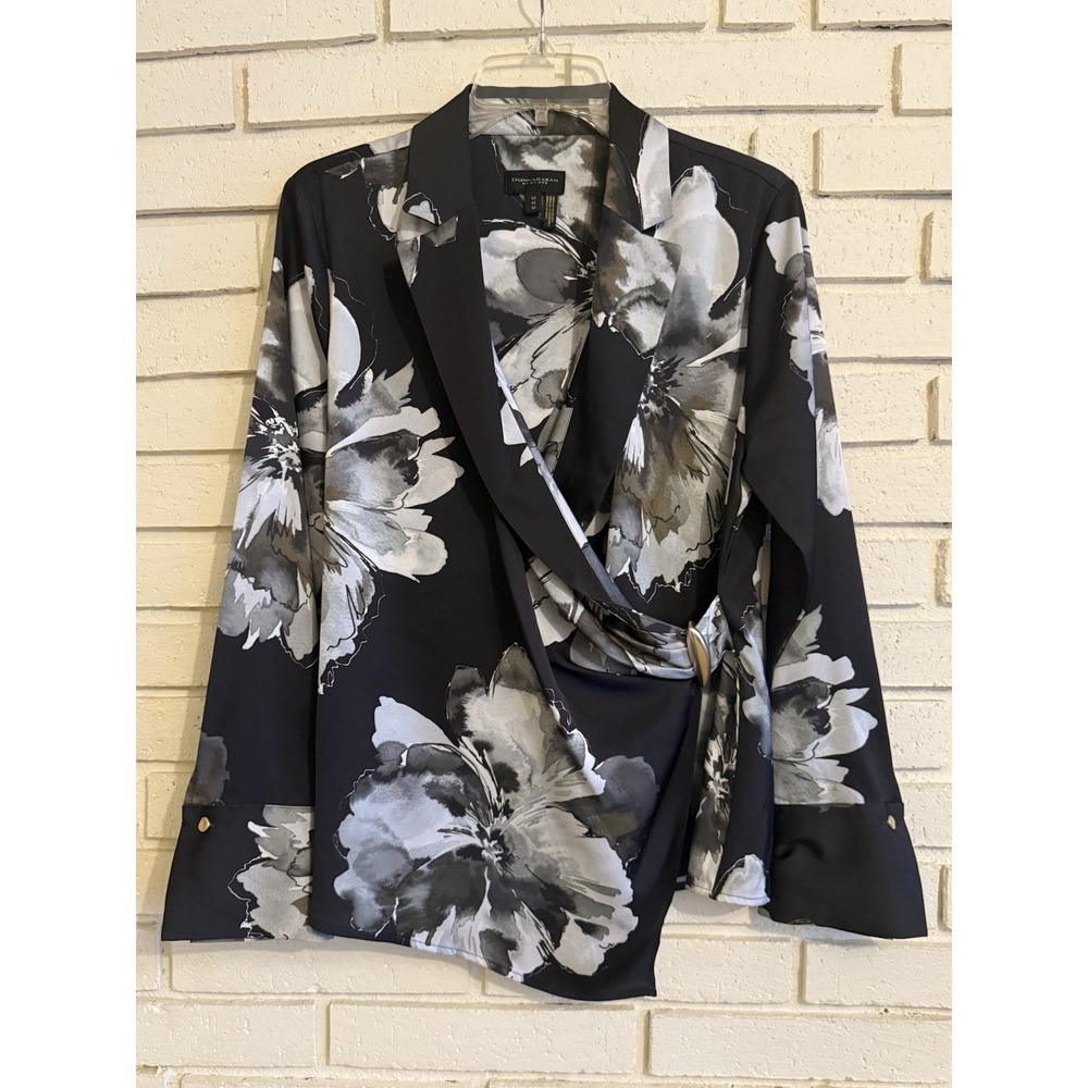 Donna Karan Black and White Floral Wrap Blouse